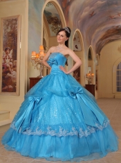 Blue Ball Gown Strapless Floor-length Bows Sequins and Organza Quinceanera Dress