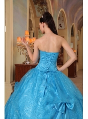 Blue Ball Gown Strapless Floor-length Bows Sequins and Organza Quinceanera Dress