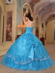 Blue Ball Gown Strapless Floor-length Bows Sequins and Organza Quinceanera Dress