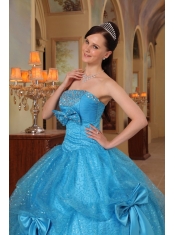 Blue Ball Gown Strapless Floor-length Bows Sequins and Organza Quinceanera Dress