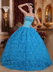 Blue Ball Gown Strapless Floor-length Fabric With Rolling Flowers Beading Quinceanera Dress