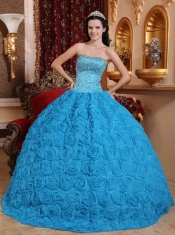 Blue Ball Gown Strapless Floor-length Fabric With Rolling Flowers Beading Quinceanera Dress