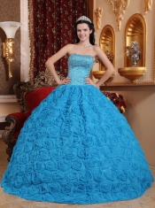 Blue Ball Gown Strapless Floor-length Fabric With Rolling Flowers Beading Quinceanera Dress