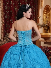 Blue Ball Gown Strapless Floor-length Fabric With Rolling Flowers Beading Quinceanera Dress