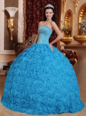 Blue Ball Gown Strapless Floor-length Fabric With Rolling Flowers Beading Quinceanera Dress