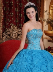 Blue Ball Gown Strapless Floor-length Fabric With Rolling Flowers Beading Quinceanera Dress