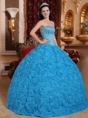 Blue Ball Gown Strapless Floor-length Fabric With Rolling Flowers Beading Quinceanera Dress