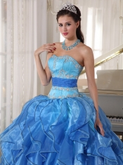 Blue Ball Gown Strapless Floor-length Organza Appliques Quinceanera Dress