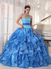 Blue Ball Gown Strapless Floor-length Organza Appliques Quinceanera Dress