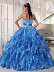 Blue Ball Gown Strapless Floor-length Organza Appliques Quinceanera Dress