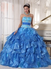 Blue Ball Gown Strapless Floor-length Organza Appliques Quinceanera Dress