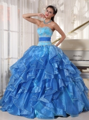 Blue Ball Gown Strapless Floor-length Organza Appliques Quinceanera Dress