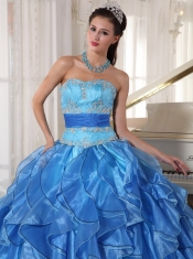 Blue Ball Gown Strapless Floor-length Organza Appliques Quinceanera Dress