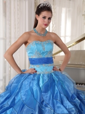 Blue Ball Gown Strapless Floor-length Organza Appliques Quinceanera Dress