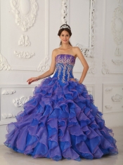 Blue Ball Gown Strapless Floor-length Organza Beading and Appliques Sweet 16 Dress