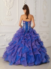 Blue Ball Gown Strapless Floor-length Organza Beading and Appliques Sweet 16 Dress