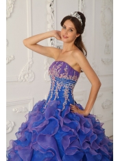 Blue Ball Gown Strapless Floor-length Organza Beading and Appliques Sweet 16 Dress
