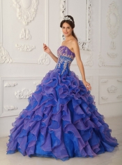 Blue Ball Gown Strapless Floor-length Organza Beading and Appliques Sweet 16 Dress