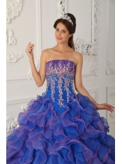 Blue Ball Gown Strapless Floor-length Organza Beading and Appliques Sweet 16 Dress