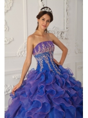 Blue Ball Gown Strapless Floor-length Organza Beading and Appliques Sweet 16 Dress
