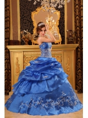 Blue Ball Gown Strapless Floor-length Organza Beading  Quinceanera Dress