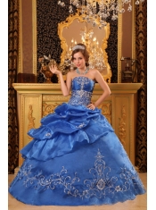 Blue Ball Gown Strapless Floor-length Organza Beading  Quinceanera Dress