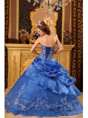 Blue Ball Gown Strapless Floor-length Organza Beading  Quinceanera Dress