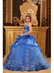 Blue Ball Gown Strapless Floor-length Organza Beading  Quinceanera Dress