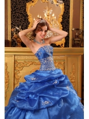 Blue Ball Gown Strapless Floor-length Organza Beading  Quinceanera Dress