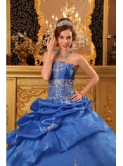 Blue Ball Gown Strapless Floor-length Organza Beading  Quinceanera Dress