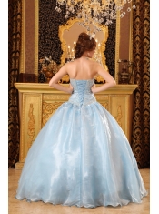 Blue Ball Gown Strapless Floor-length Organza Beading  Quinceanera Dress