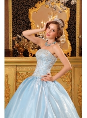 Blue Ball Gown Strapless Floor-length Organza Beading  Quinceanera Dress