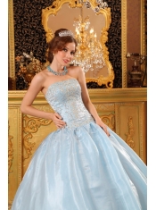 Blue Ball Gown Strapless Floor-length Organza Beading  Quinceanera Dress