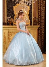 Blue Ball Gown Strapless Floor-length Organza Beading  Quinceanera Dress