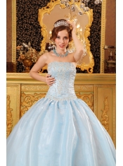 Blue Ball Gown Strapless Floor-length Organza Beading  Quinceanera Dress