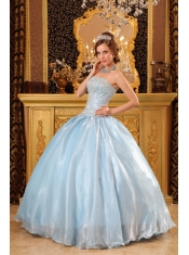 Blue Ball Gown Strapless Floor-length Organza Beading  Quinceanera Dress