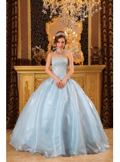 Blue Ball Gown Strapless Floor-length Organza Beading Quinceanera Dress