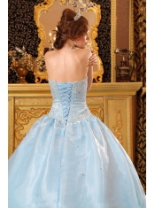 Blue Ball Gown Strapless Floor-length Organza Beading  Quinceanera Dress