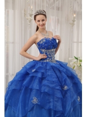 Blue Ball Gown Strapless Floor-length Organza Beading Quinceanera Dress