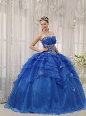 Blue Ball Gown Strapless Floor-length Organza Beading Quinceanera Dress