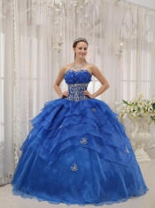 Blue Ball Gown Strapless Floor-length Organza Beading Quinceanera Dress