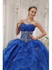 Blue Ball Gown Strapless Floor-length Organza Beading Quinceanera Dress