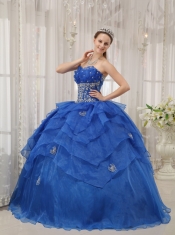 Blue Ball Gown Strapless Floor-length Organza Beading Quinceanera Dress