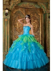 Blue Ball Gown Strapless Floor-length Organza Ruffles Quinceanera Dress