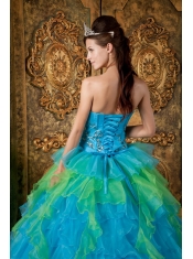 Blue Ball Gown Strapless Floor-length Organza Ruffles Quinceanera Dress