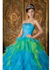 Blue Ball Gown Strapless Floor-length Organza Ruffles Quinceanera Dress