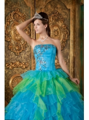 Blue Ball Gown Strapless Floor-length Organza Ruffles Quinceanera Dress