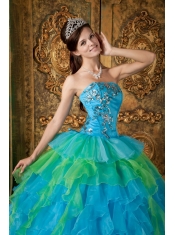 Blue Ball Gown Strapless Floor-length Organza Ruffles Quinceanera Dress