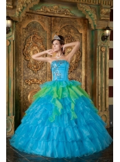 Blue Ball Gown Strapless Floor-length Organza Ruffles Quinceanera Dress