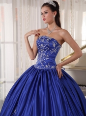 Blue Ball Gown Strapless Floor-length Satin Embroidery Quinceanera Dress